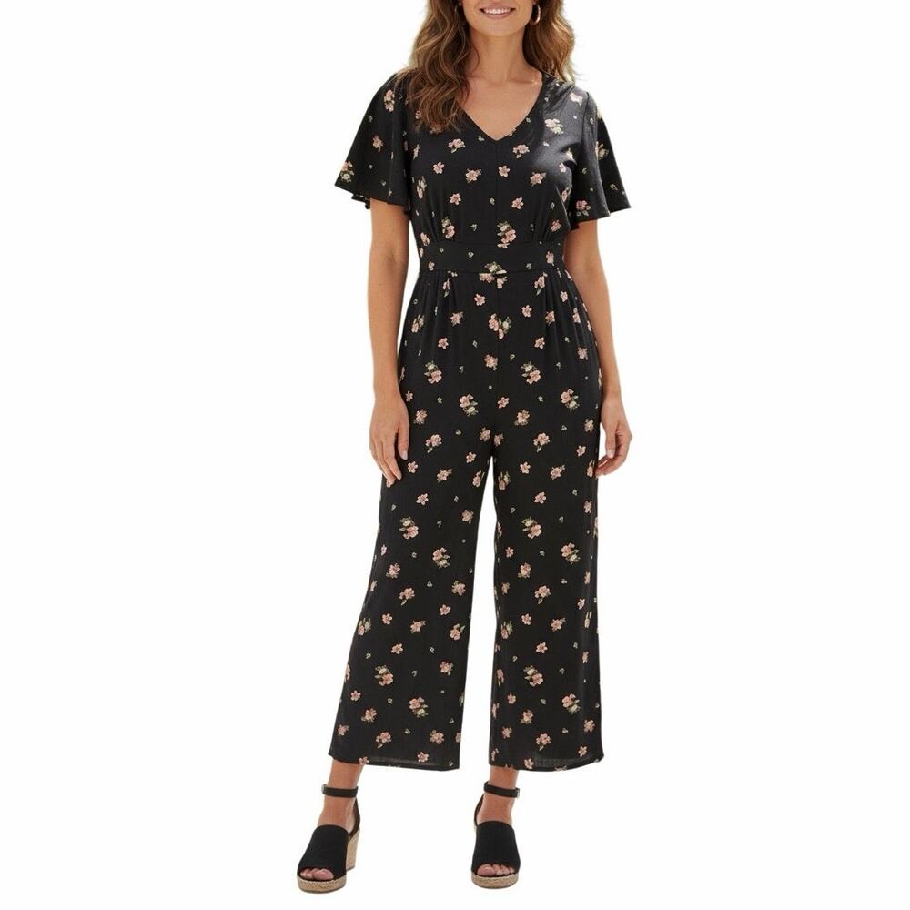 TORRID Black Floral Flutter Sleeve Jumpsuit Plus Size 1 V-Neck Wide Leg Boho - Picture 2 of 10